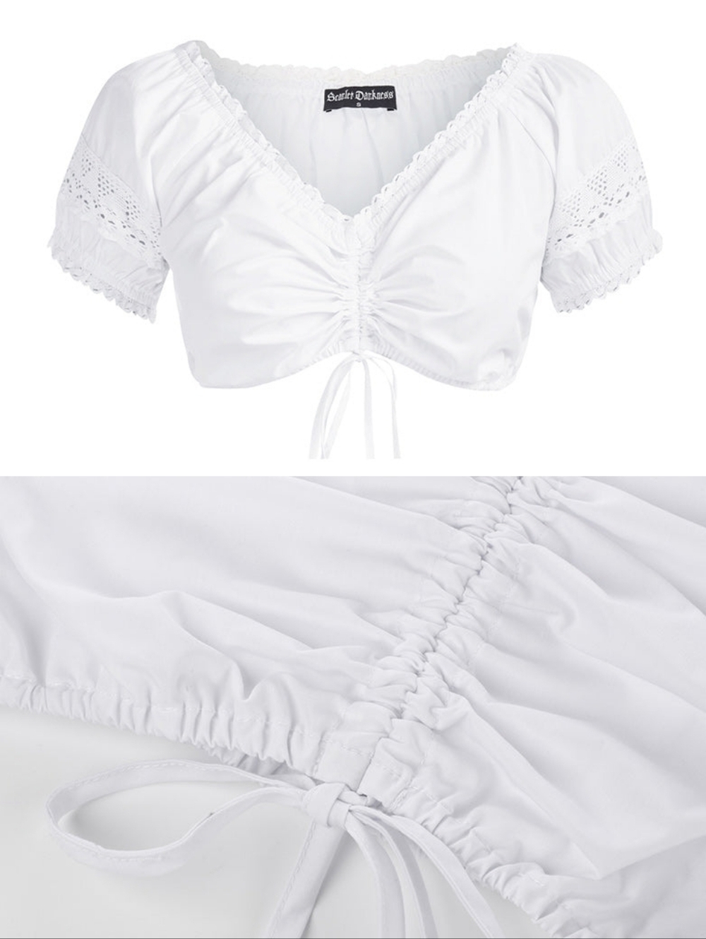 Cropped Off-Shoulder Peasant Style Ruched Renaissance/Dirndl Top w/ Lace Detail.
